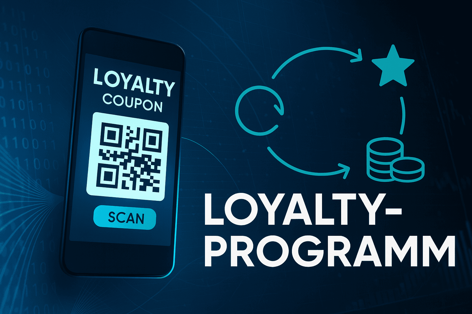 Visualisierung eines digitalen Loyalty-Programms mit Smartphone-Coupon, QR-Code und Icons für Punkte und Belohnungen.
