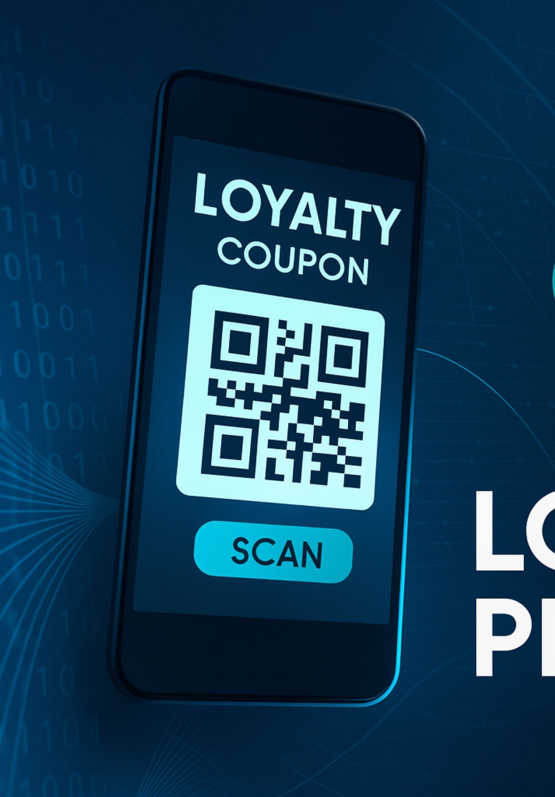 Visualisierung eines digitalen Loyalty-Programms mit Smartphone-Coupon, QR-Code und Icons für Punkte und Belohnungen.